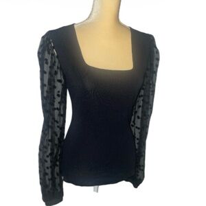 Eesome Black Square Neck Sweater w/ Sheer Polka Dot Sleeves - Size L